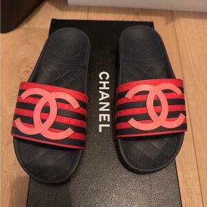 CHANEL Black and Red Striped Logo Slide Mules